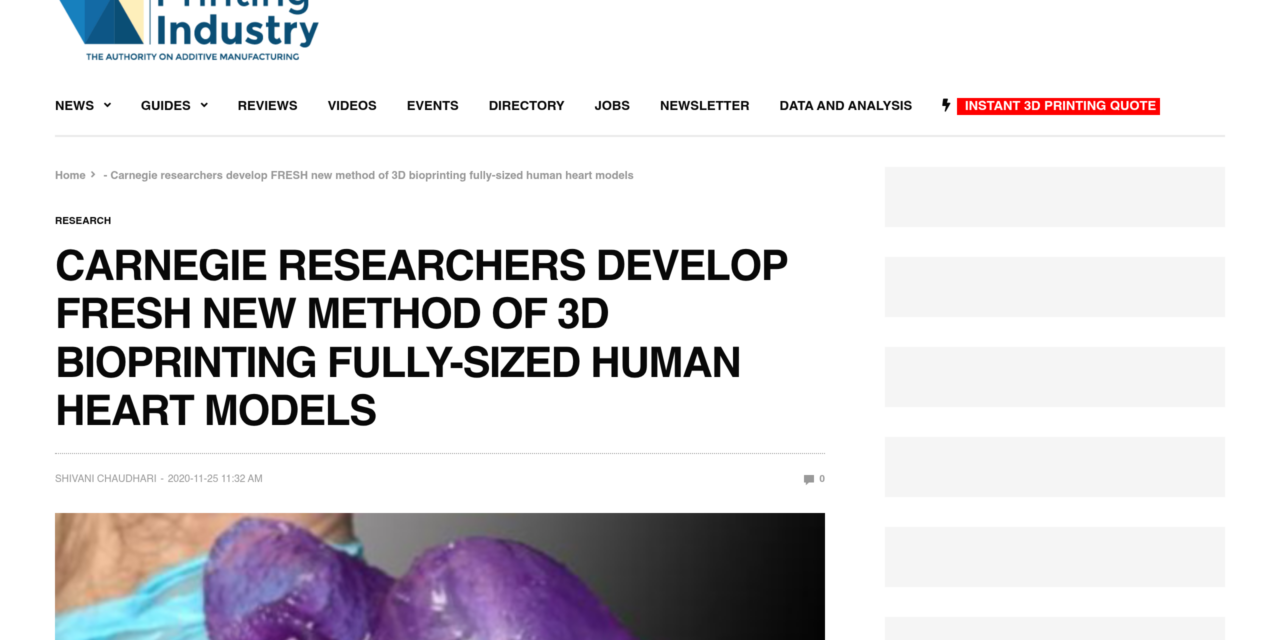 Carnegie Researchers Develop FRESH New Method of 3D Bioprinting Fully-Sized Human Heart Models