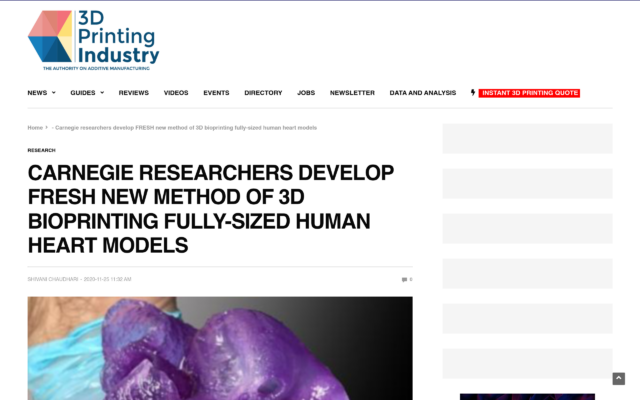 Carnegie Researchers Develop FRESH New Method of 3D Bioprinting Fully-Sized Human Heart Models