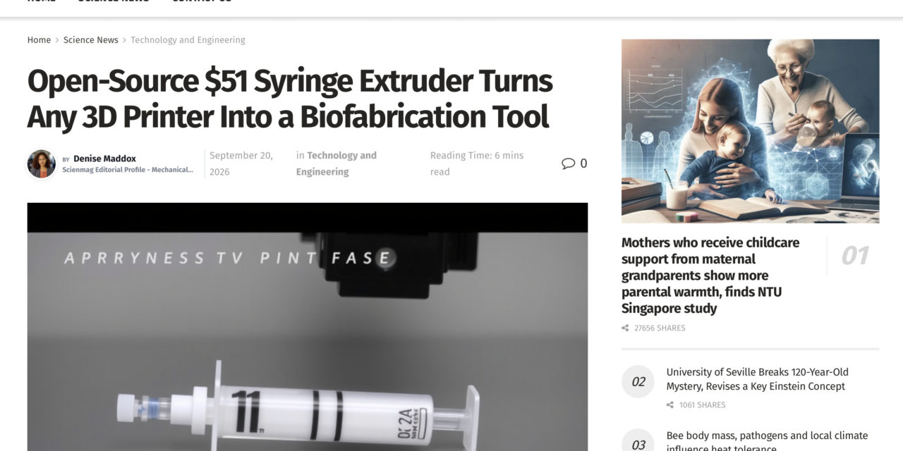 Open-Source $51 Syringe Extruder Turns Any 3D Printer Into a Biofabrication Tool