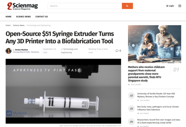 Open-Source $51 Syringe Extruder Turns Any 3D Printer Into a Biofabrication Tool